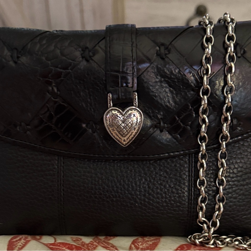 Brighton Romag Black Leather Shoulder Bag with Silver Heart Clasp